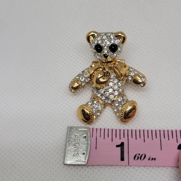 Vintage Teddy Bear Brooch Rhinestone Gold Tone Dangle Heart Bow Fashion Jewelry - Picture 7 of 7
